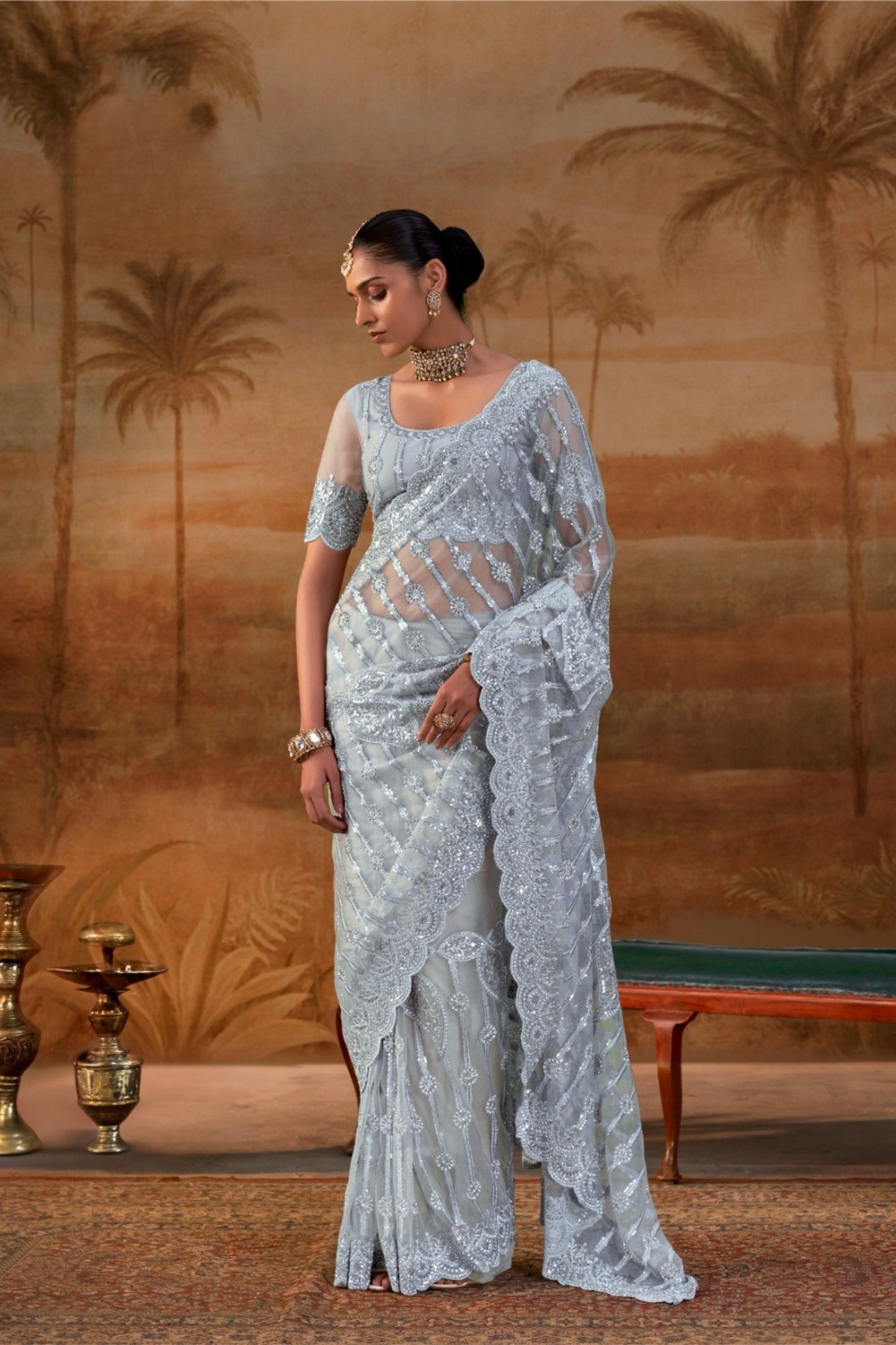 Traditional Ice Blue Net Designer Saree Heavy Embroidery Work for Women