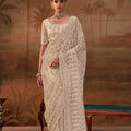 Stunning Beige Net Designer Saree Heavy Embroidery Work for Women