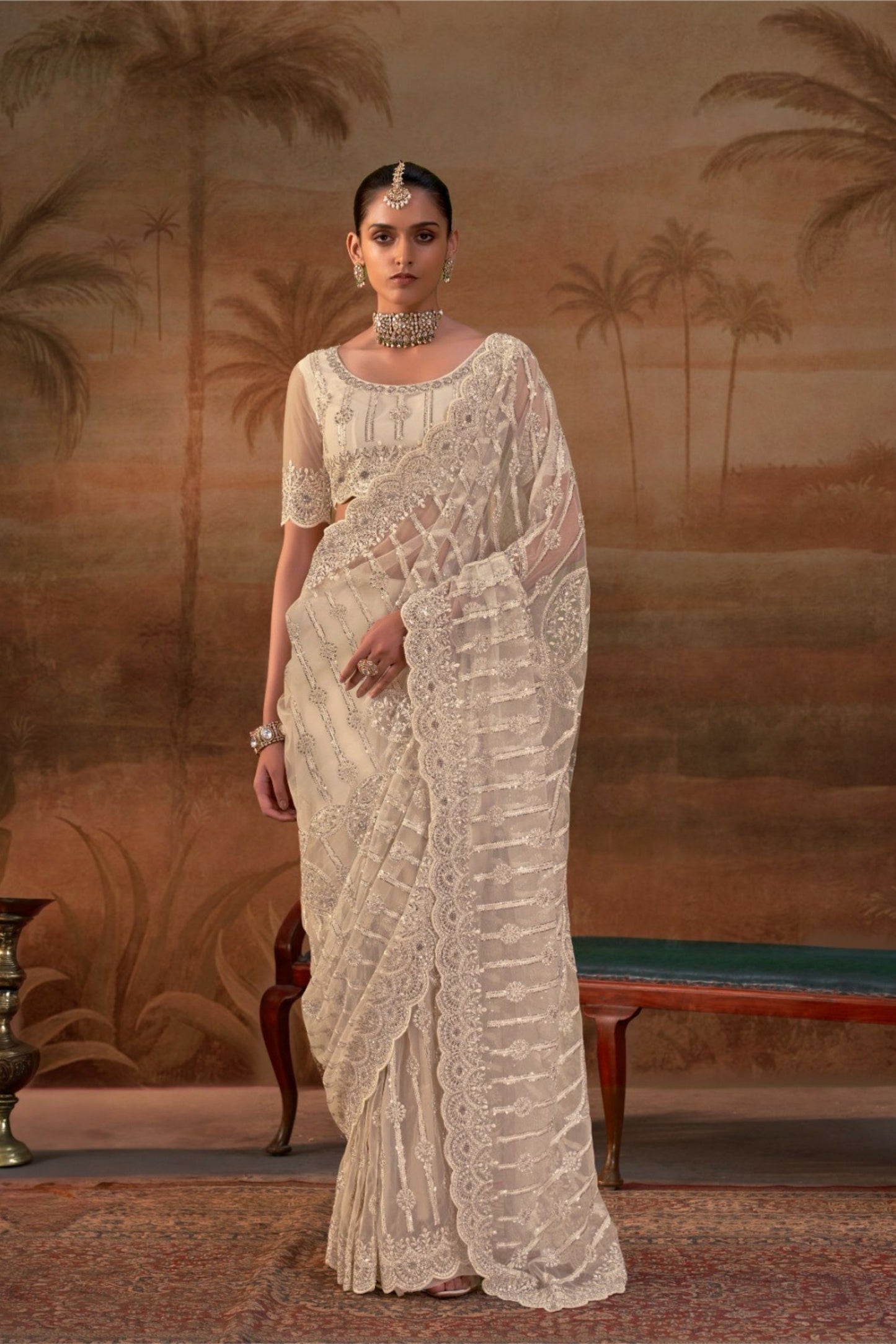 Stunning Beige Net Designer Saree Heavy Embroidery Work for Women