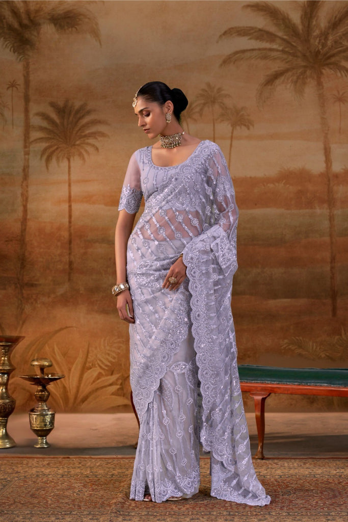 Luxury Purple Net Saree Heavy Embroidery for Women