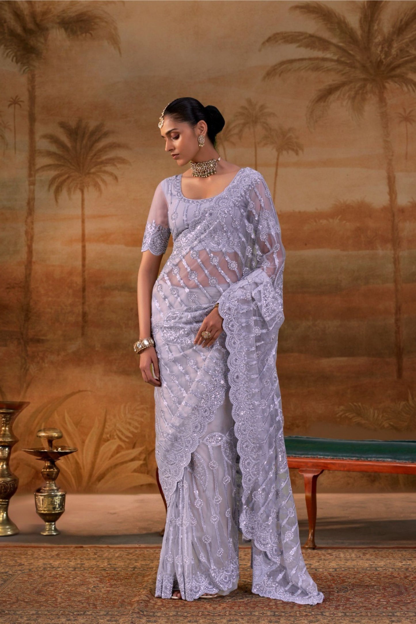 Luxury Purple Net Saree Heavy Embroidery for Women