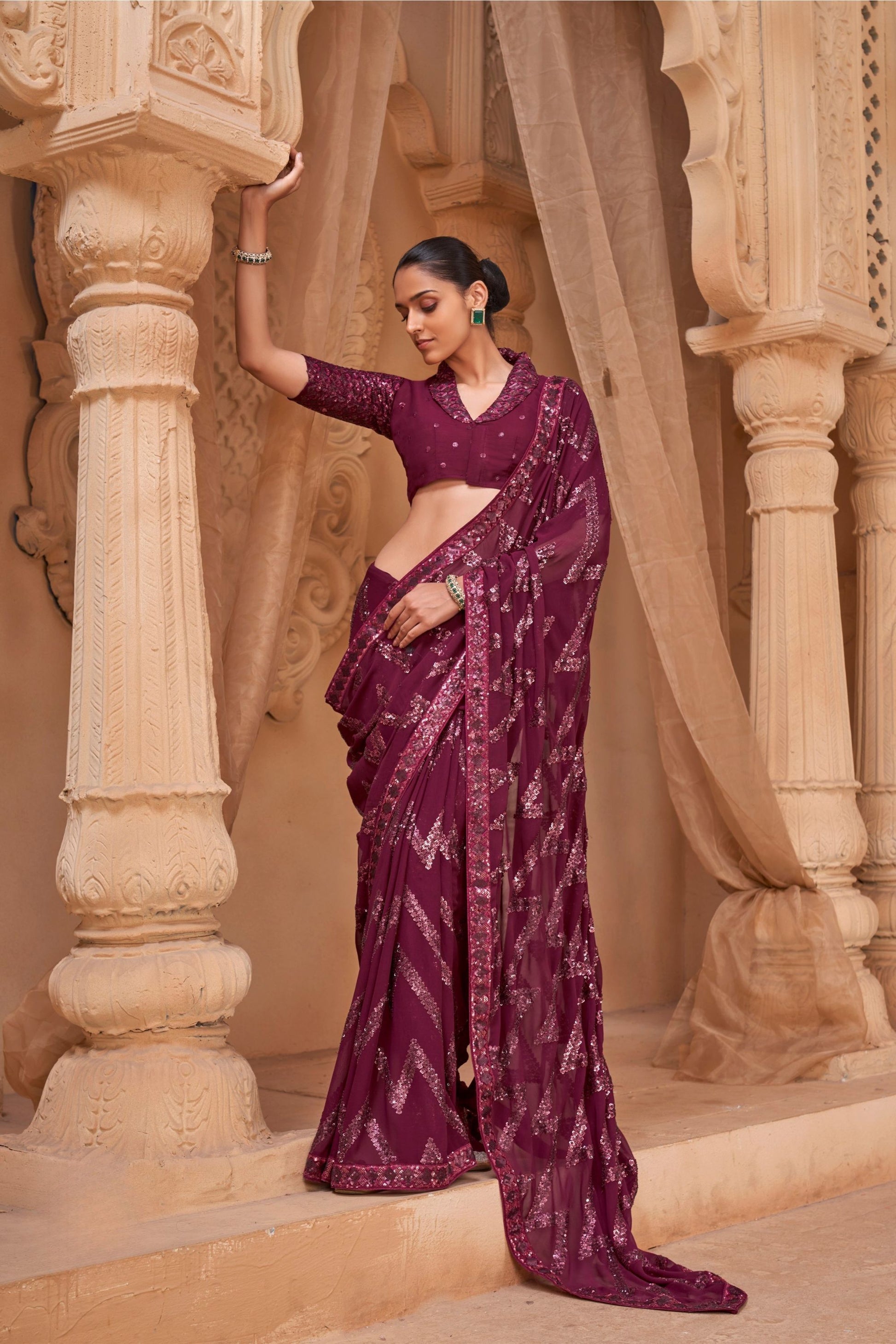 Luxury Wine Georgette Saree Heavy Embroidery Work for Women
