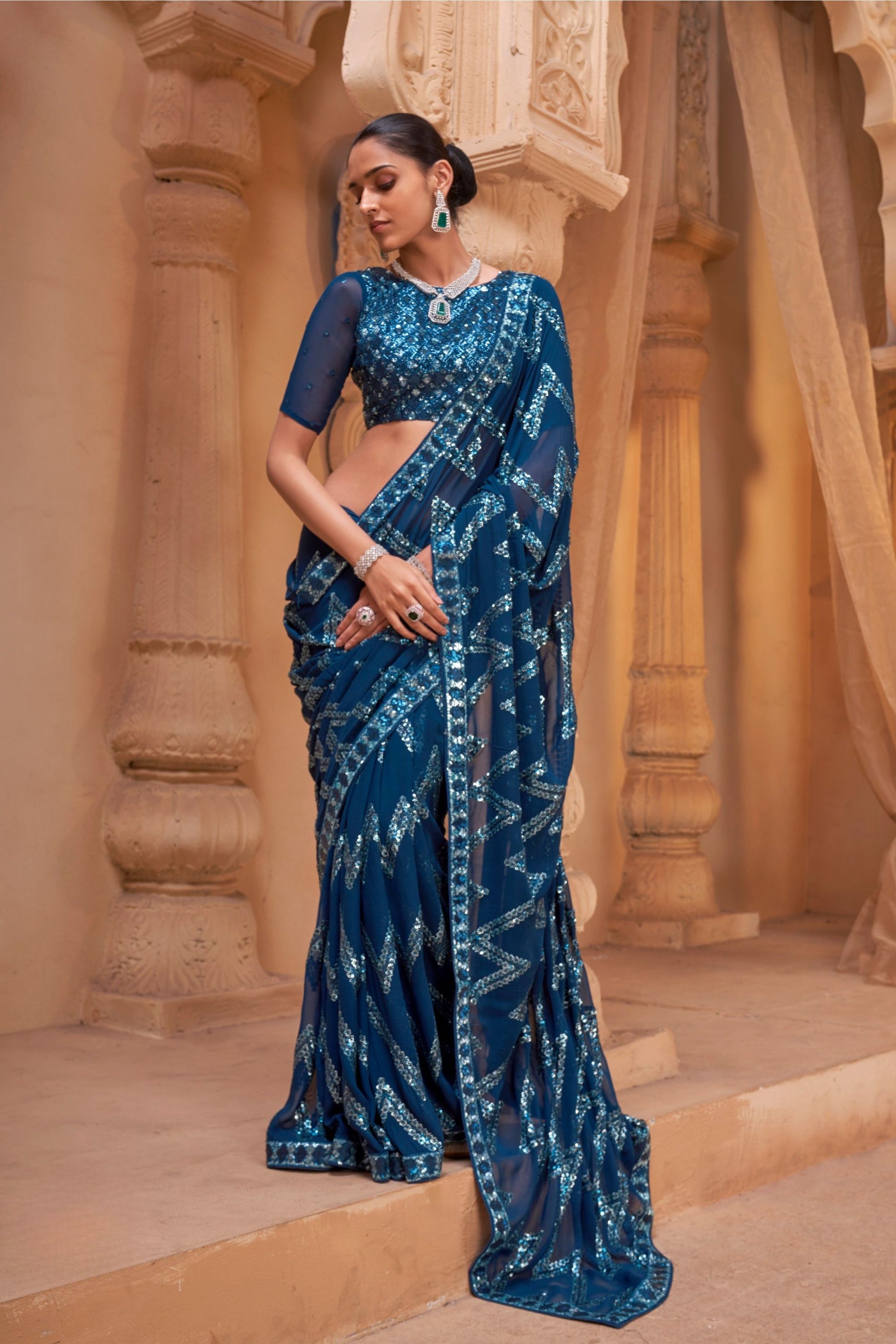 Royal Blue Georgette Saree Heavy Embroidery Work for Women