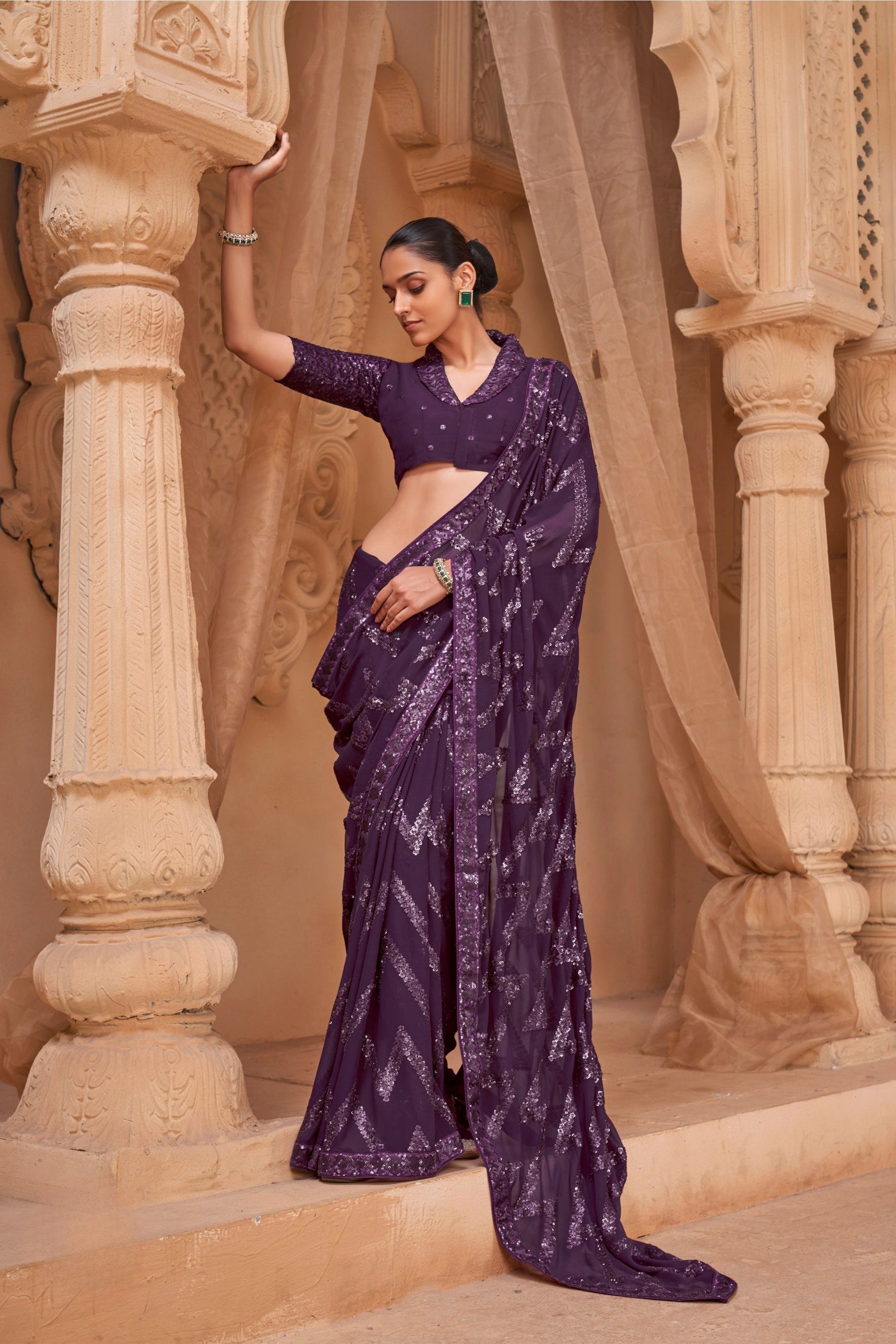 Stunning Purple Georgette Saree Heavy Embroidery Work for Women