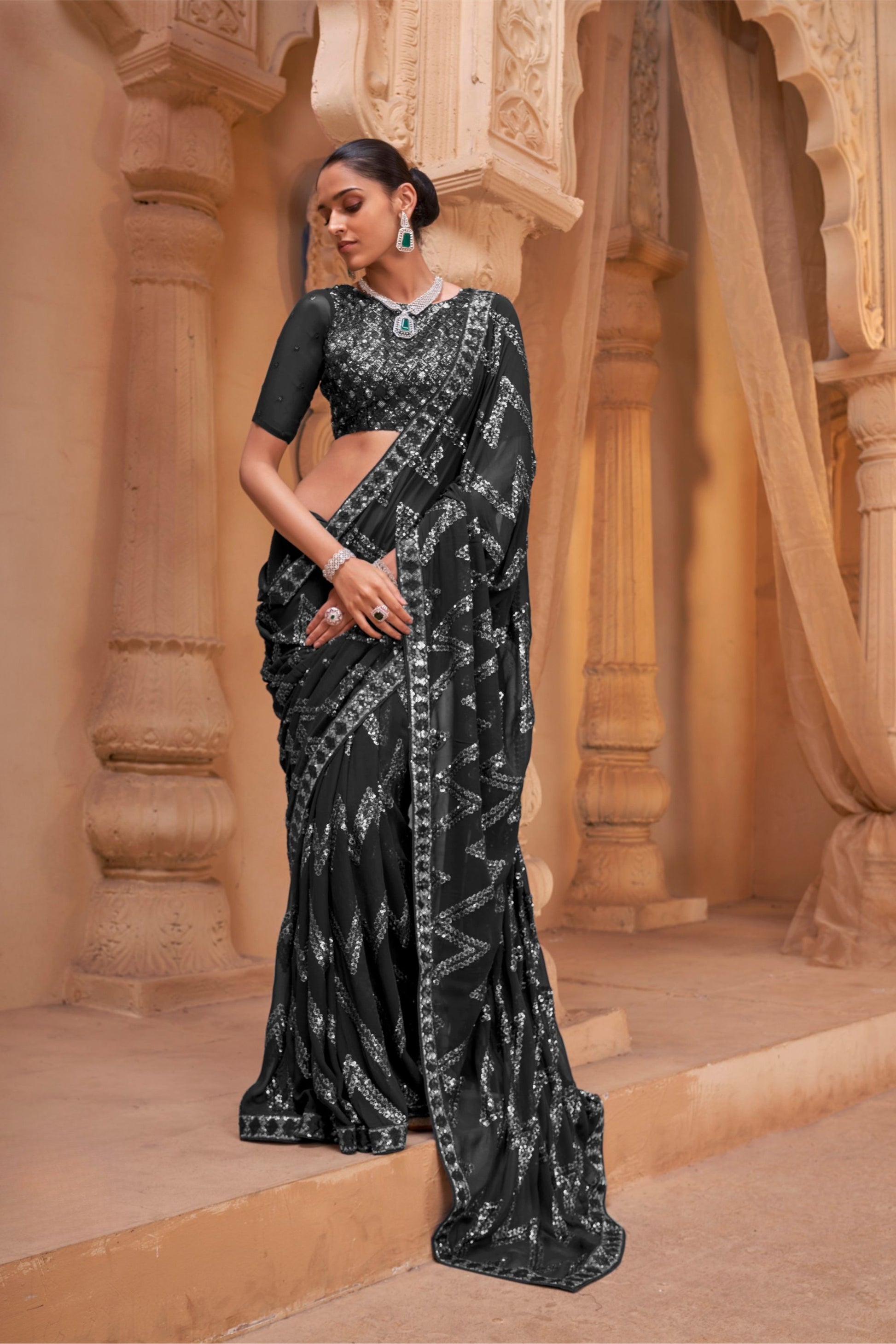 Premium Black Georgette Saree Heavy Embroidery Work for Women