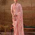 Stunning Peach Premium Georgette Saree Sequin Embroidery for Women