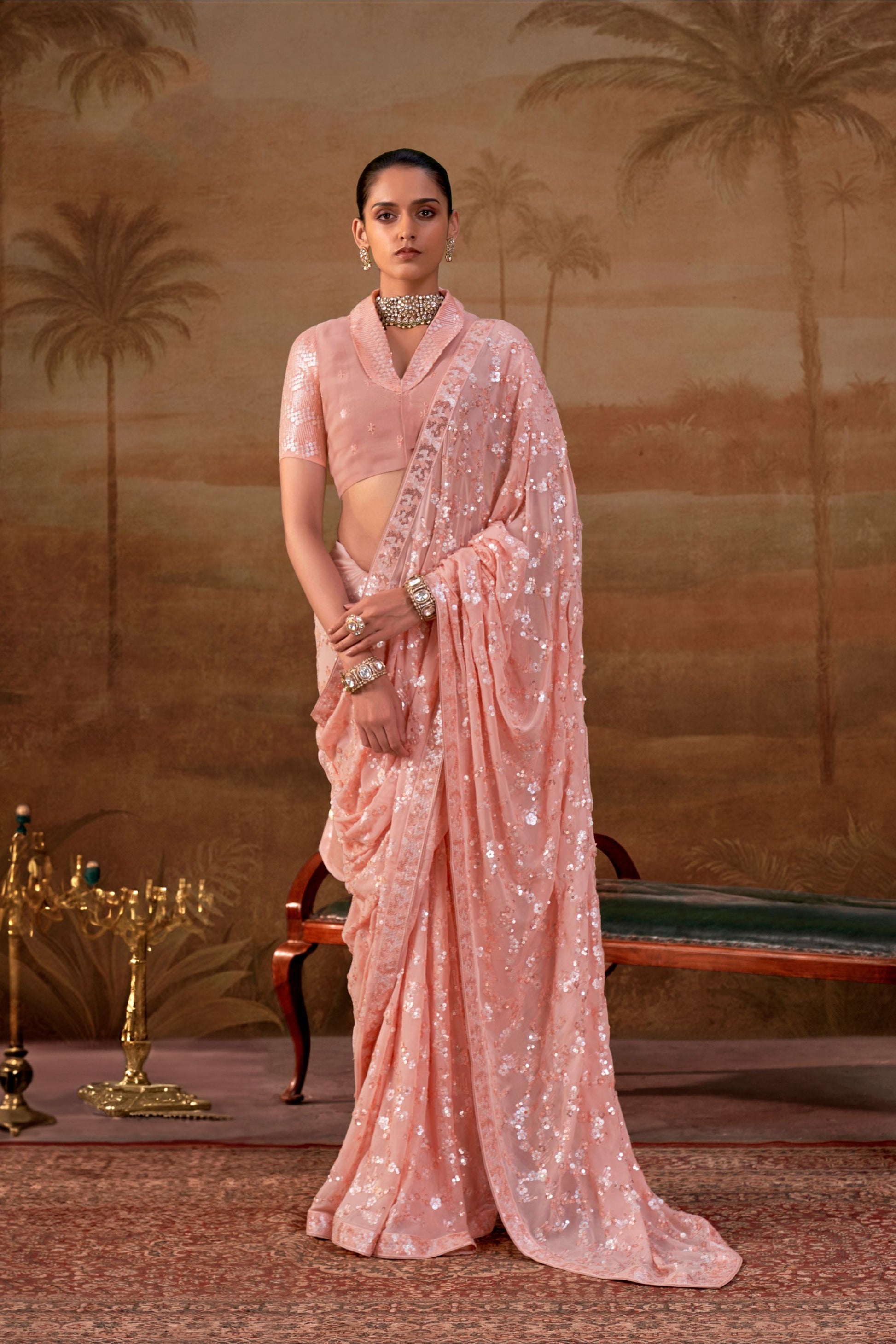 Stunning Peach Premium Georgette Saree Sequin Embroidery for Women