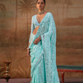 Royal Ice Blue Premium Georgette Saree Sequin Embroidery Work for Women