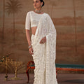 Stylish White Premium Georgette Saree Sequin Embroidery Work for Women