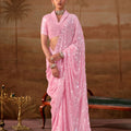Beautiful Pink Premium Georgette Saree Sequin Embroidery Work for Women