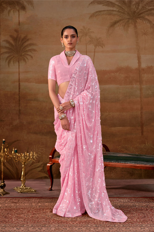 Beautiful Pink Premium Georgette Saree Sequin Embroidery Work for Women