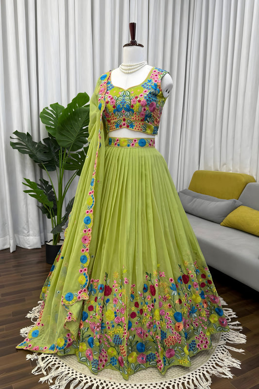Premium Lime Green Organza Floral Embroidered Lehenga Choli with Dupatta