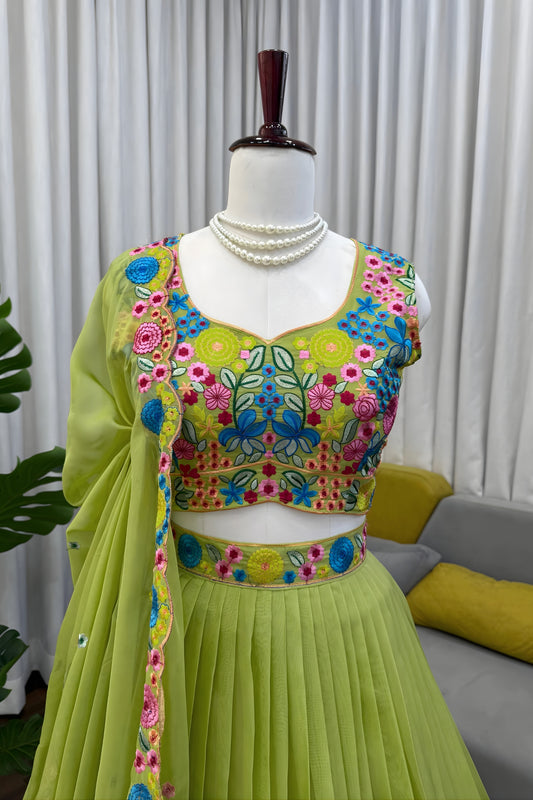 Premium Lime Green Organza Floral Embroidered Lehenga Choli with Dupatta