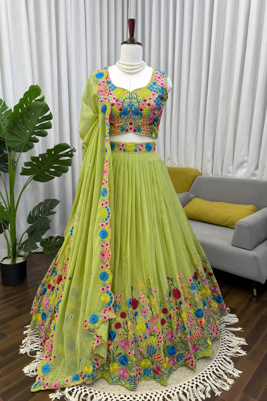 Premium Lime Green Organza Floral Embroidered Lehenga Choli with Dupatta