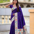 Deep Purple Floral Woven Linen Silk Saree Designer Peacock Border