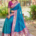 Teal Blue Silk Saree with Pink Border Multicolor Peacock Zari Weaving Work