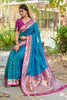 Teal Blue Silk Saree with Pink Border Multicolor Peacock Zari Weaving Work