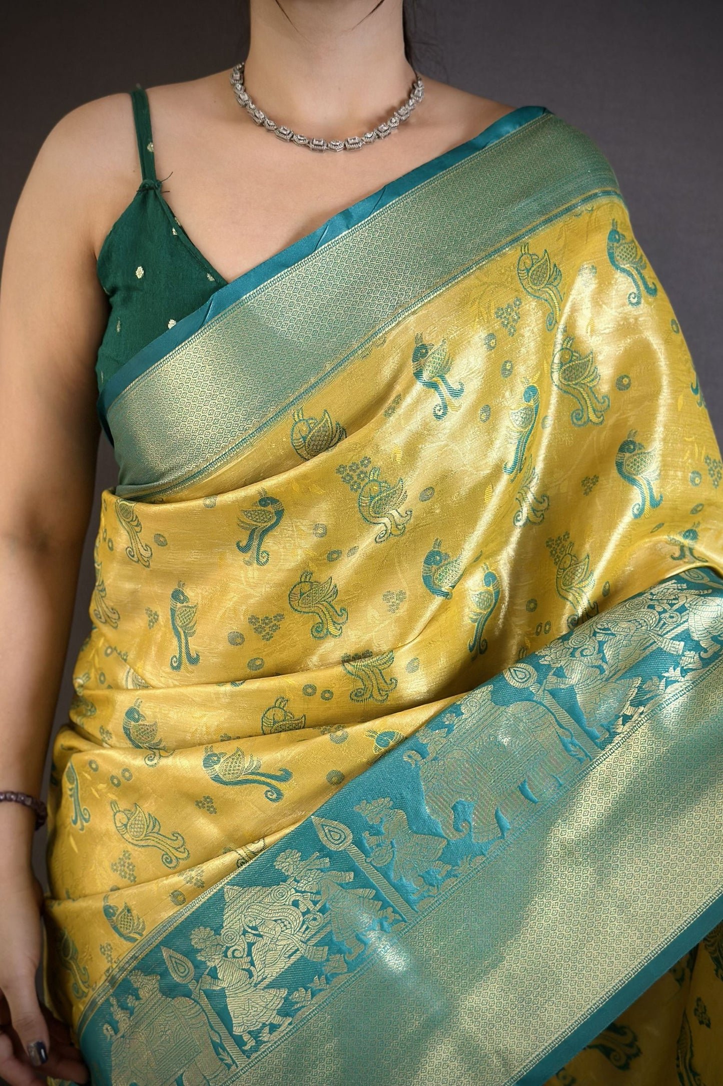 Mustard Yellow Teal Blue Kanjivaram Silk Saree Rich Zari Woven Border