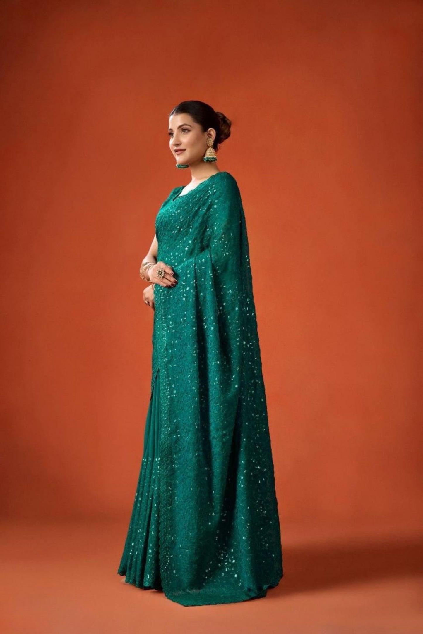 Green Sequin Embellished Georgette Saree with Scalloped Border