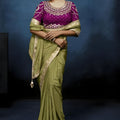 Luxury Olive Green Embroidered Saree with Designer Blouse