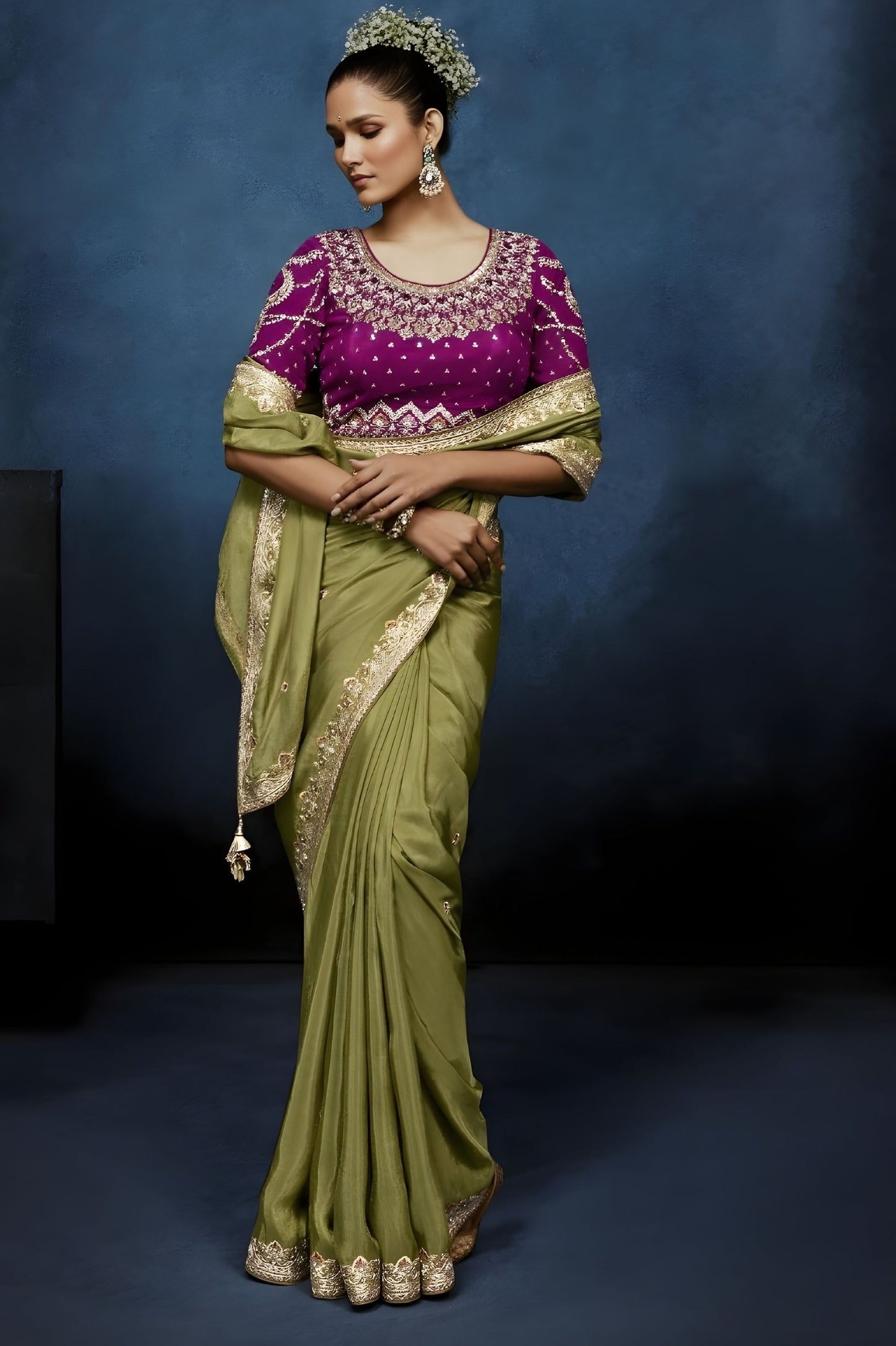 Luxury Olive Green Embroidered Saree with Designer Blouse