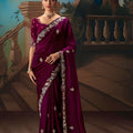 Wine Purple Saree with Silver Embroidery Wedding Silk Saree