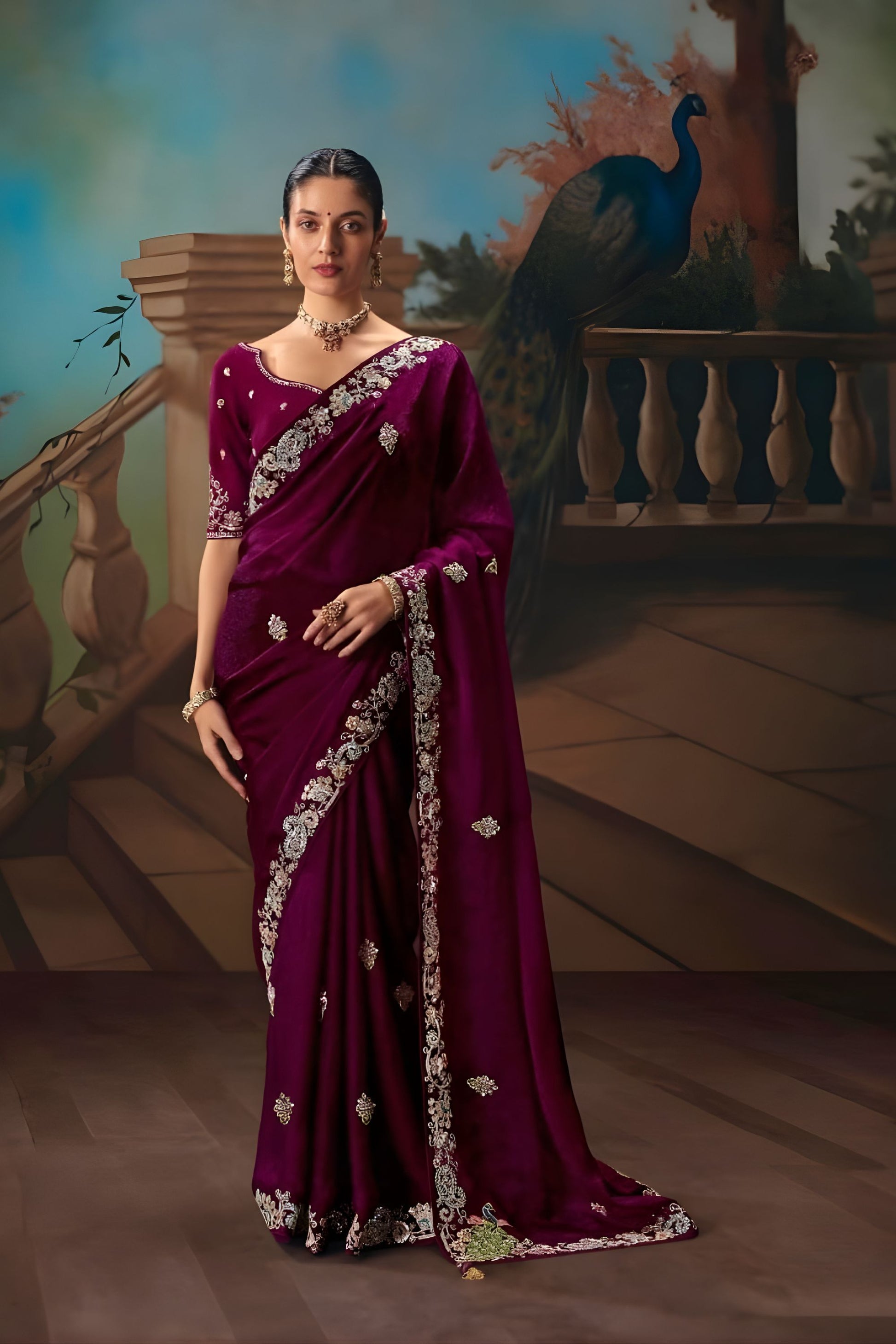 Wine Purple Saree with Silver Embroidery Wedding Silk Saree