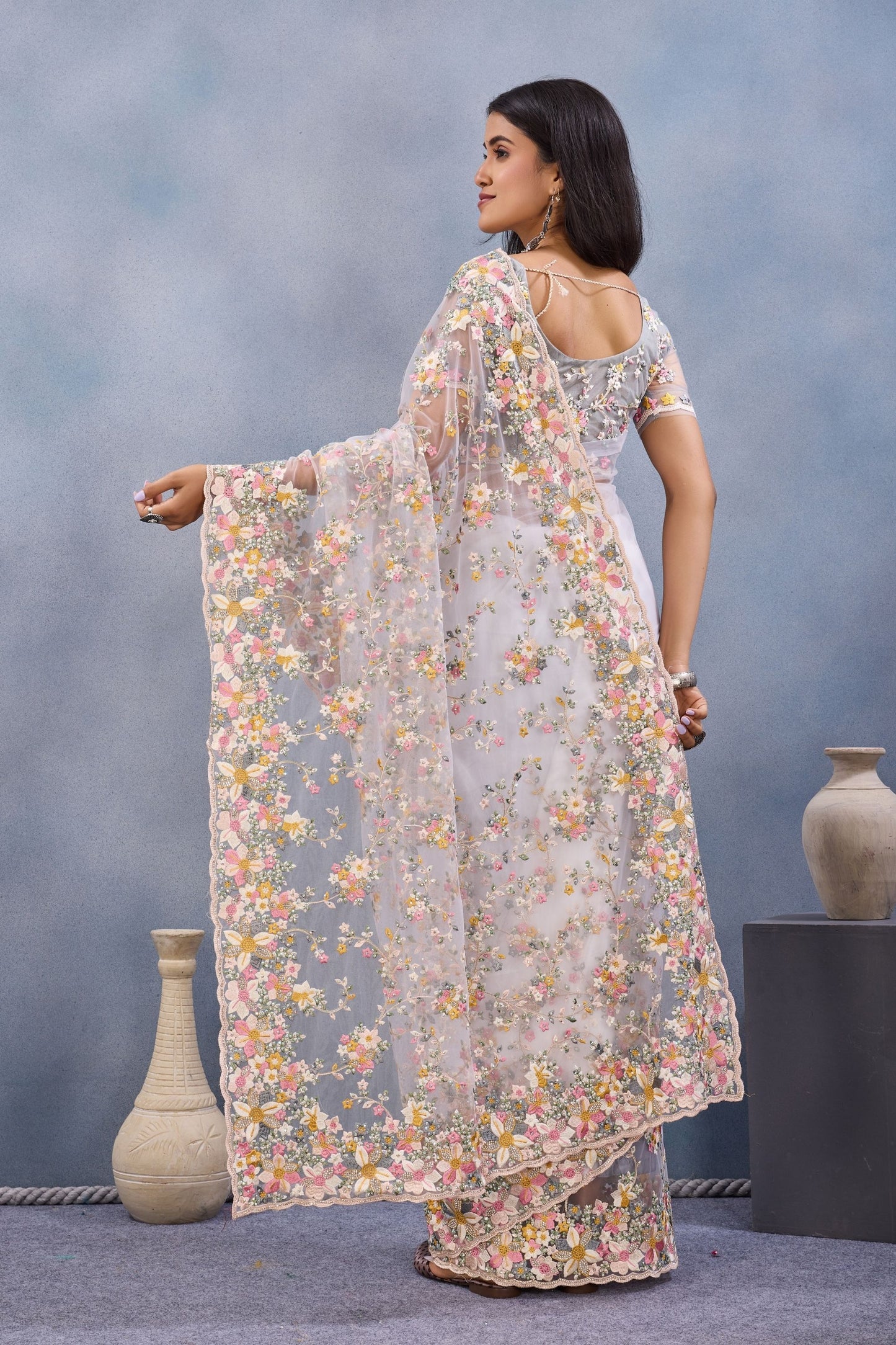 Elegant Grey Floral Embroidered Net Saree with Designer Border