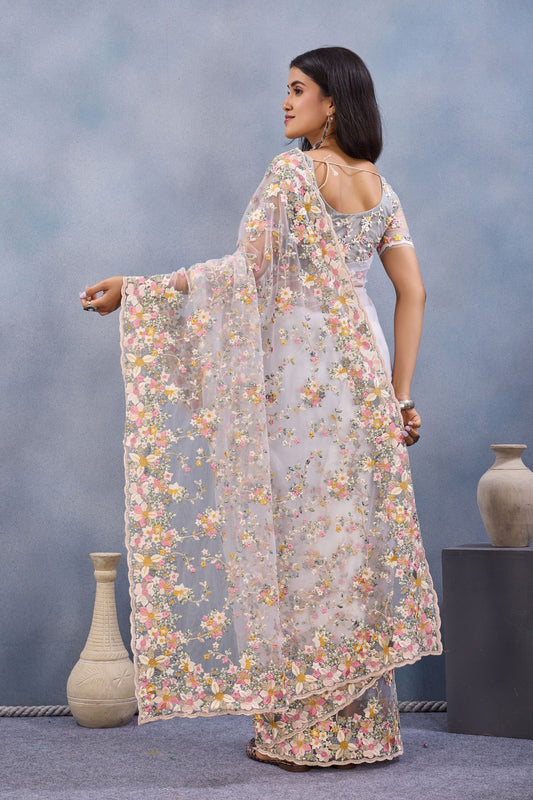 Elegant Grey Floral Embroidered Net Saree with Designer Border