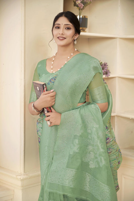 Pastel Green Linen Silk Saree with Blue Floral Digital Print and Zari Woven Border