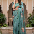 Elegant Teal Blue Floral Printed Linen Silk Saree