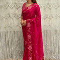 Rani Pink Organza Saree Floral Embroidery Designer Blouse