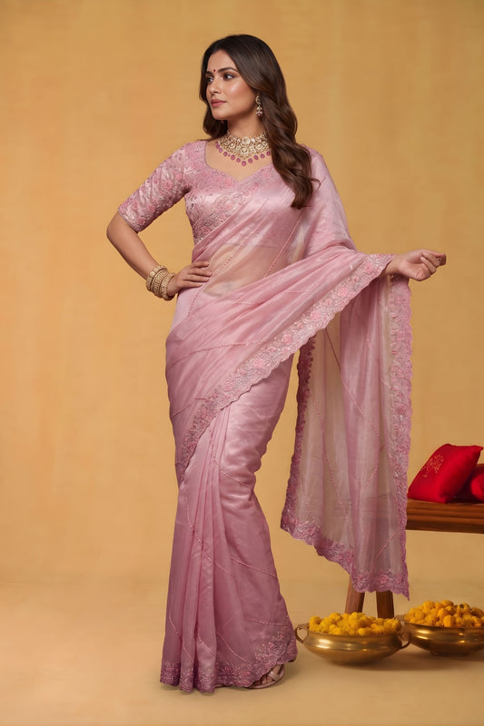 Pink Organza Silk Saree Floral Embroidered Border Designer Blouse