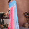 Sky Blue and Pink Georgette Saree Embroidered Border Work