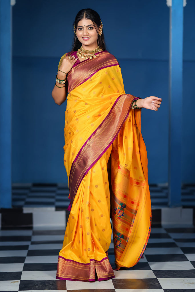Mustard Yellow Kanjivaram Silk Saree Gold Zari Border Butti Work