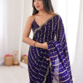 Royal Deep Purple Organza Silk Saree Golden Zari Embroidery Designer Blouse