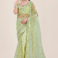 Pistachio Green Net Saree Heavy Sequins Embroidery Designer Blouse