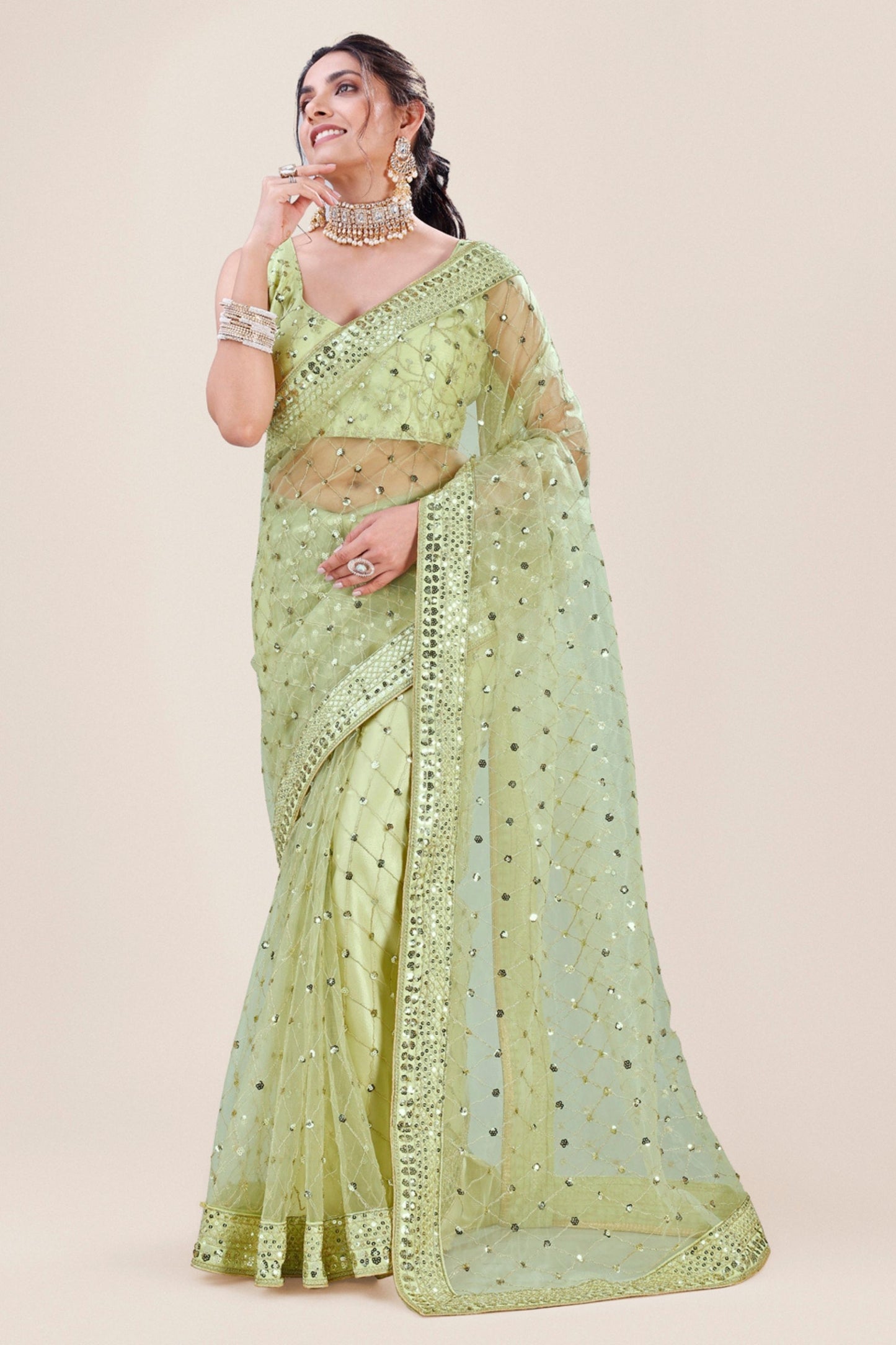 Pistachio Green Net Saree Heavy Sequins Embroidery Designer Blouse