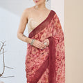 Peach Pink Floral Printed Designer Saree with Contrast Border