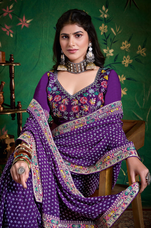 Purple Bandhani Saree with Heavy Border Designer Blouse