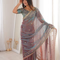 Grey Blue Organza Silk Saree Golden Thread Embroidery Blouse