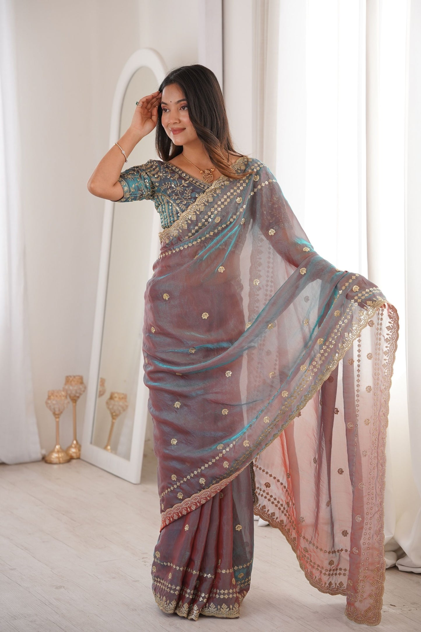 Grey Blue Organza Silk Saree Golden Thread Embroidery Blouse