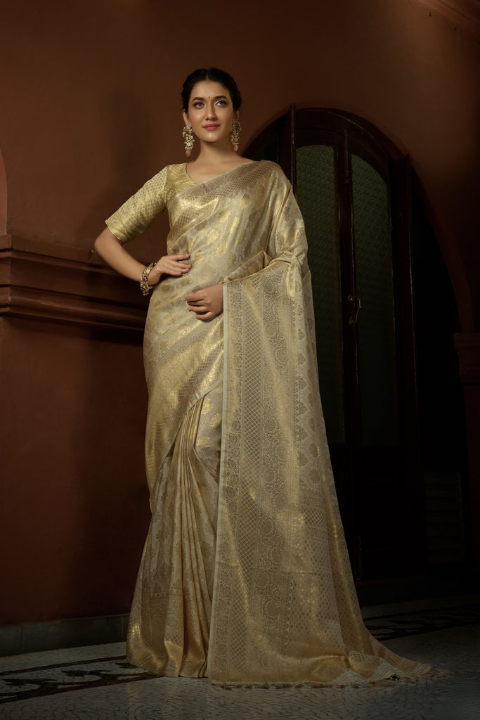 Luxurious Gold Pure Kanjivaram Weaving Silk Saree for Women