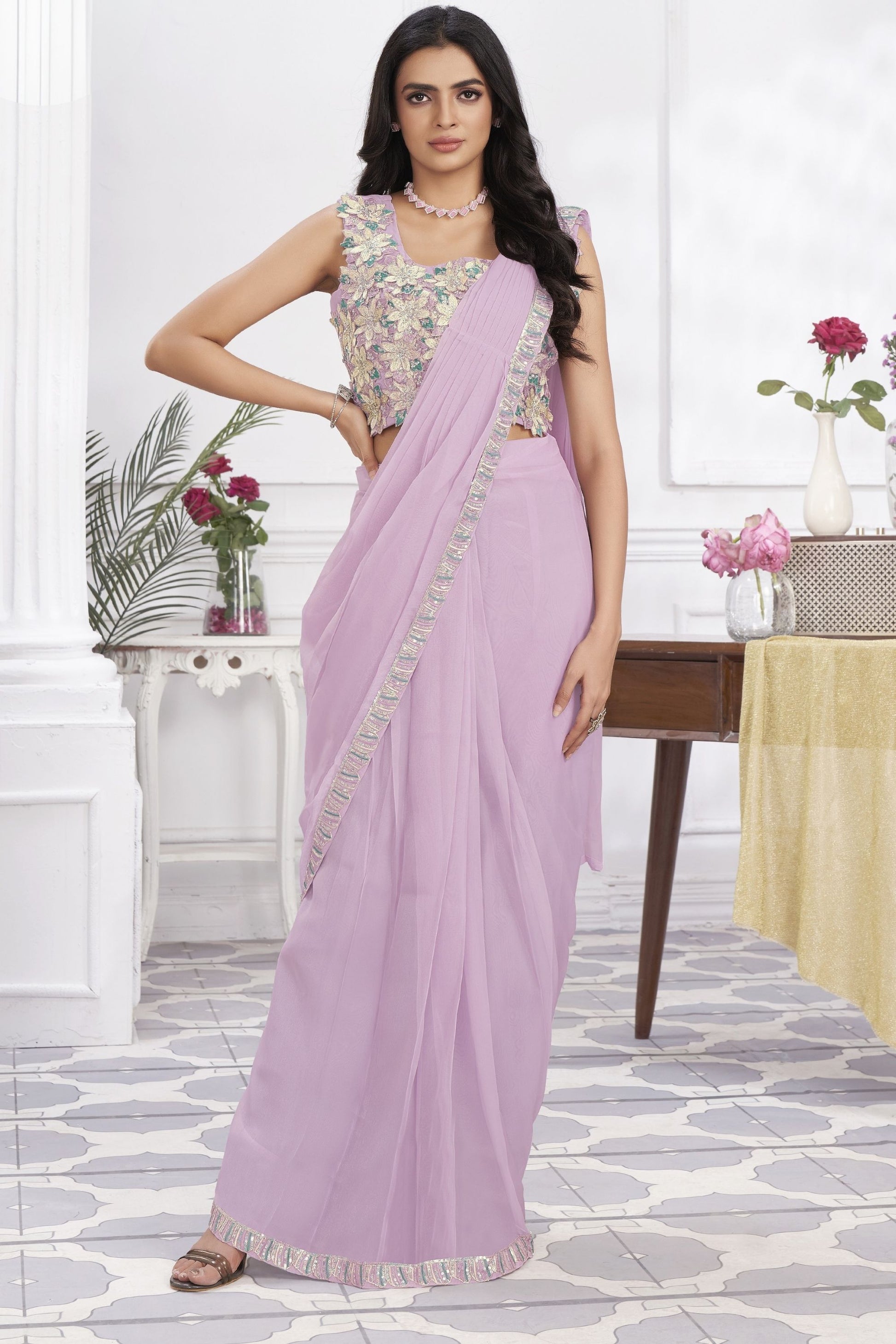 Lavender Designer Saree with Floral Embroidered Blouse
