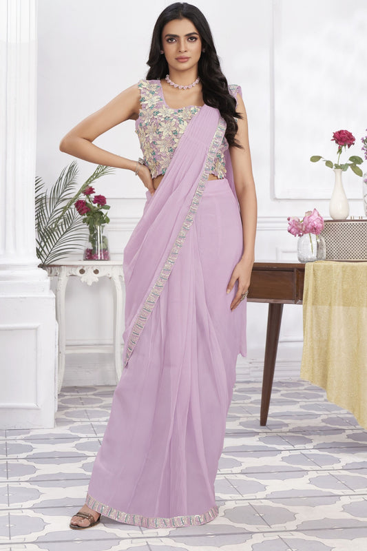 Lavender Designer Saree with Floral Embroidered Blouse