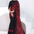 Black Red Georgette Saree with Abstract Leaf Print Pallu Designer Blouse