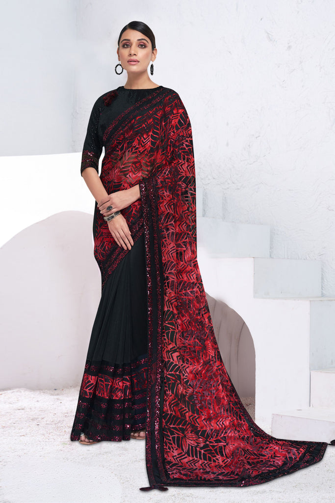 Black Red Georgette Saree with Abstract Leaf Print Pallu Designer Blouse