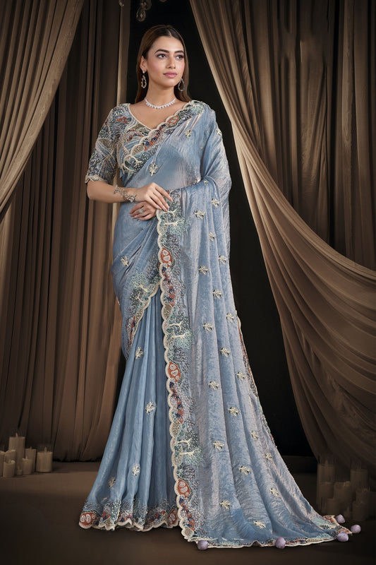 Sky Blue Designer Embroidered Silk Saree with Heavy Border Blouse