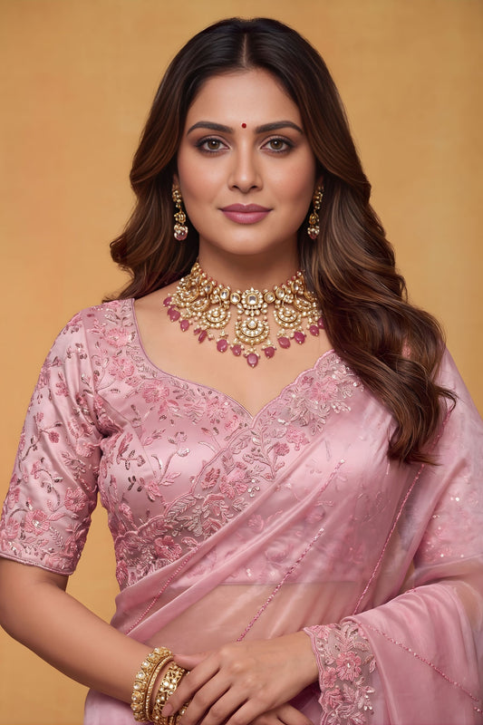 Pink Organza Silk Saree Floral Embroidered Border Designer Blouse