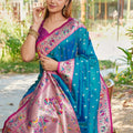 Teal Blue Silk Saree with Pink Border Multicolor Peacock Zari Weaving Work